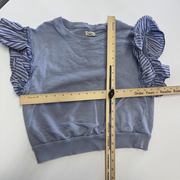 Pilcro Shirt Womens XS Blue Ruffle Flutter Sleeve Cotton Knit Striped Ribbed Hem - Picture 5 of 9